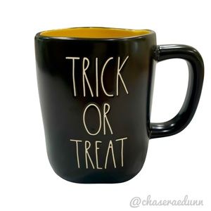 Black RAE DUNN “TRICK OR TREAT” mug. Perfect for Halloween coffee bar.